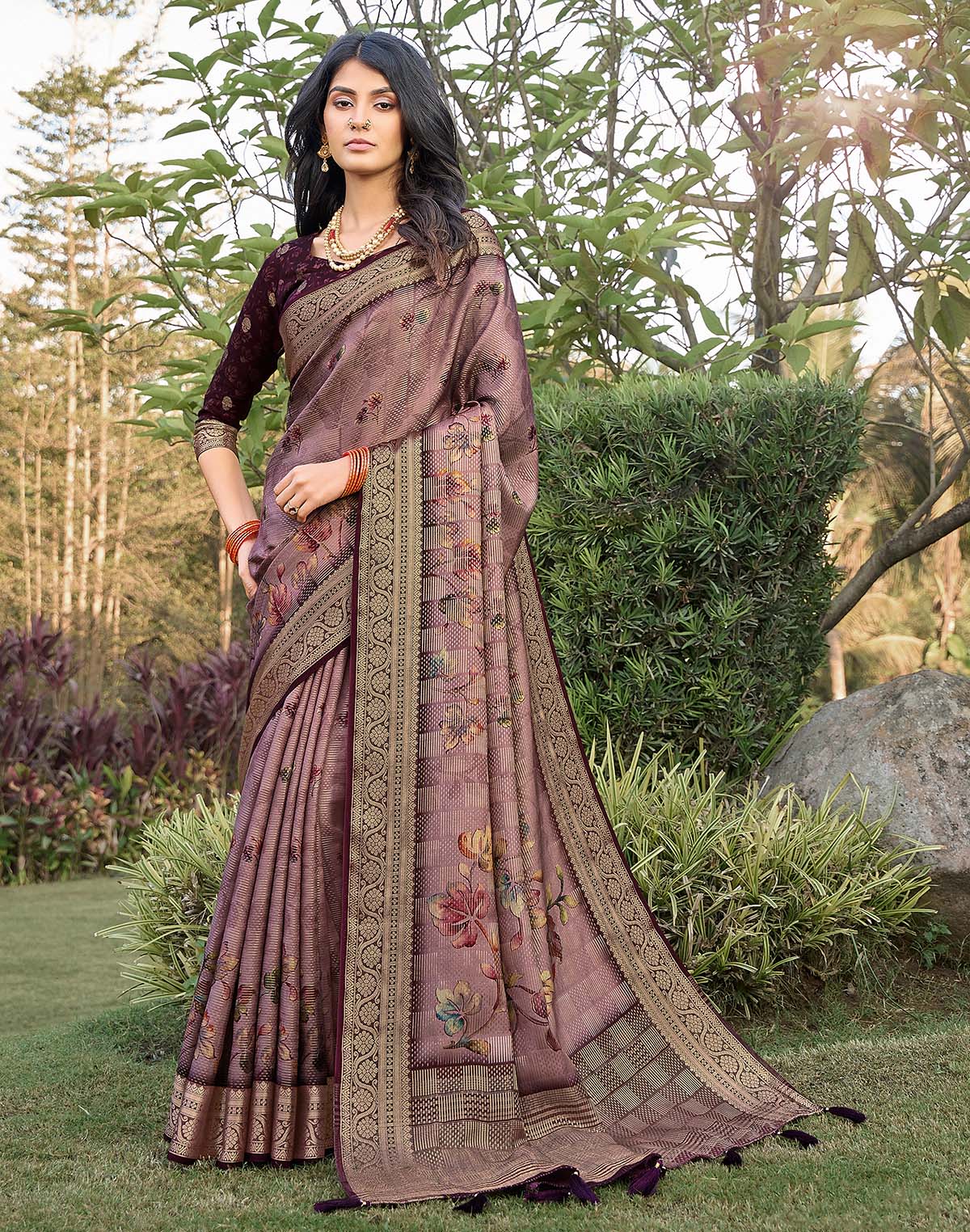 Light Pink Floral Print Dola Silk Saree