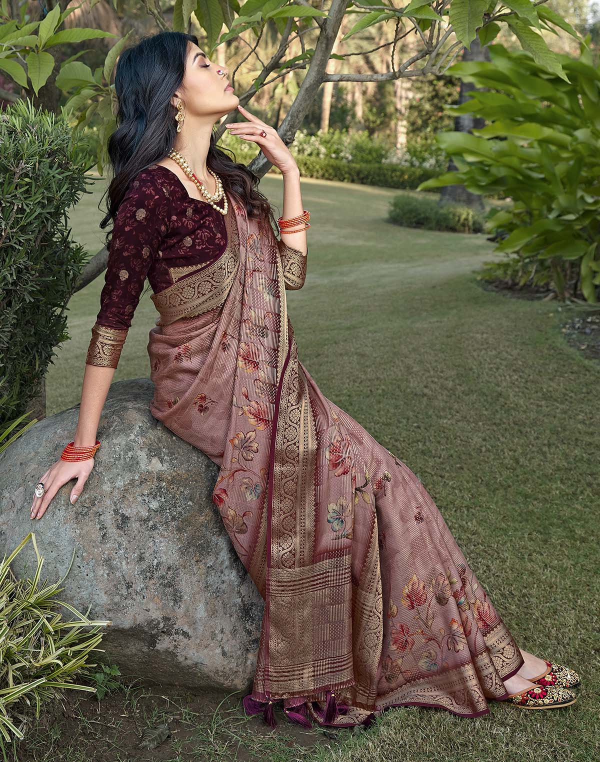 Light Pink Floral Print Dola Silk Saree