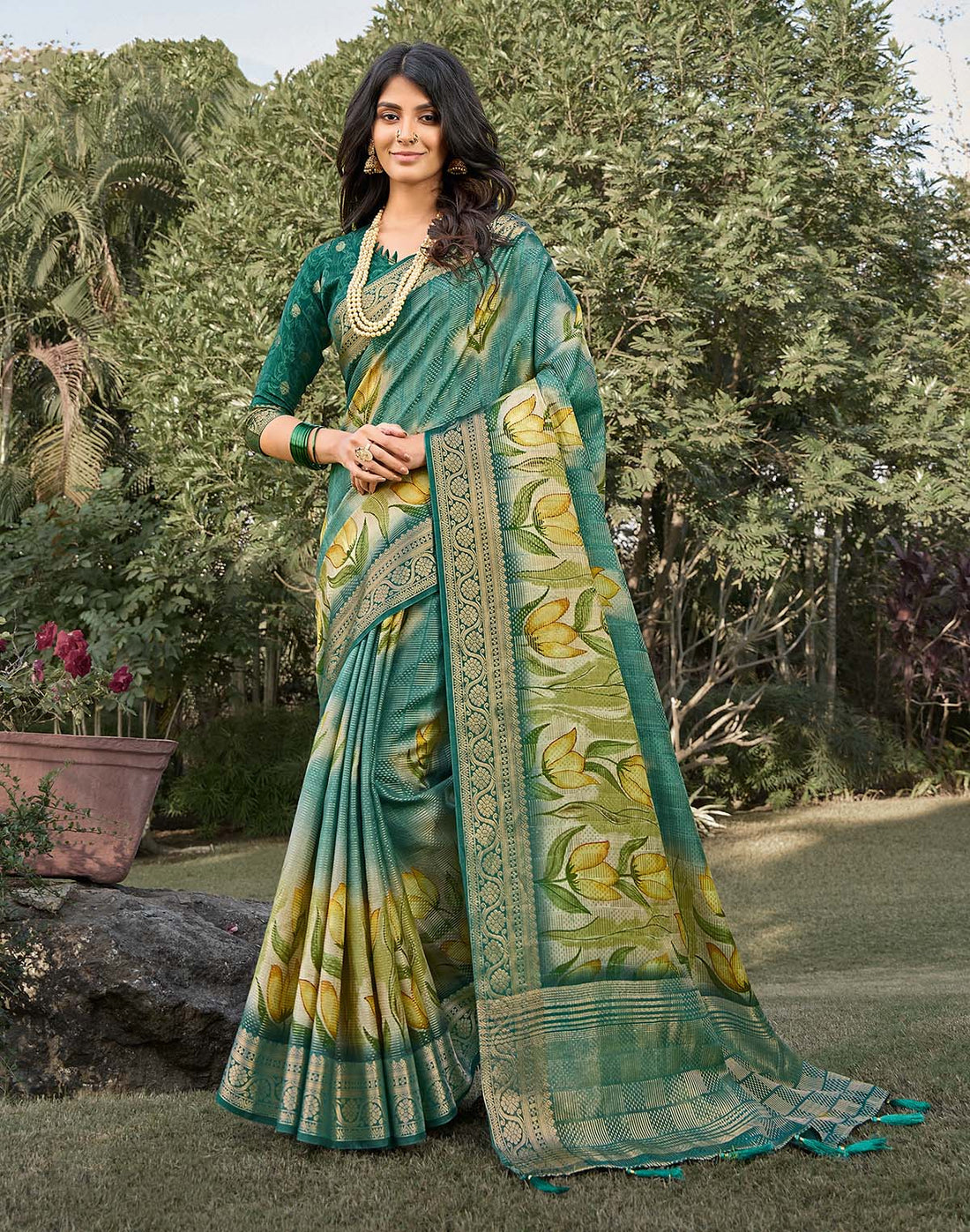 Rama Green Floral Digital Print Soft Dola Silk Saree