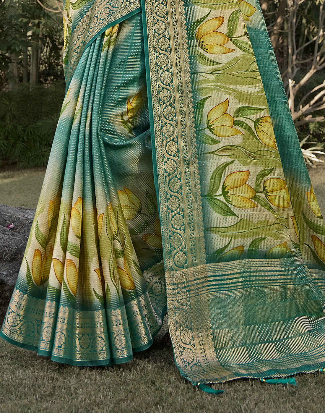 Rama Green Floral Digital Print Soft Dola Silk Saree