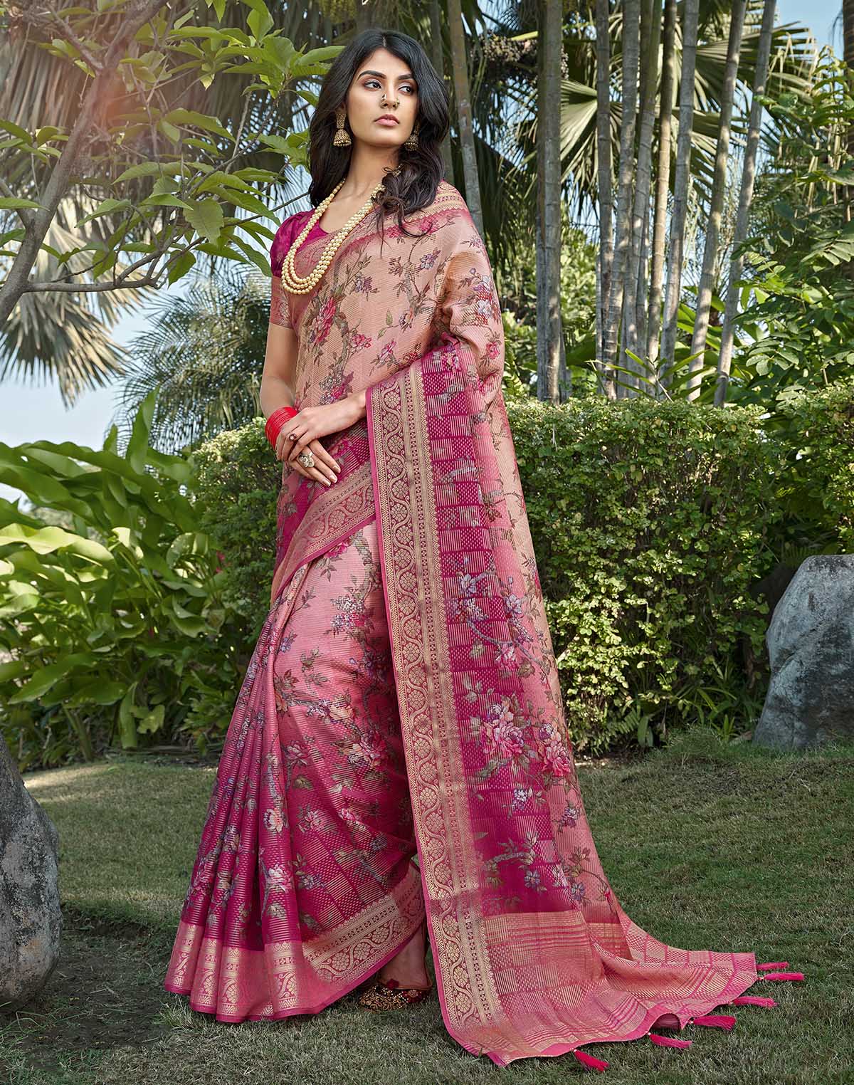 Light Pink all over Floral design Dola Silk Saree