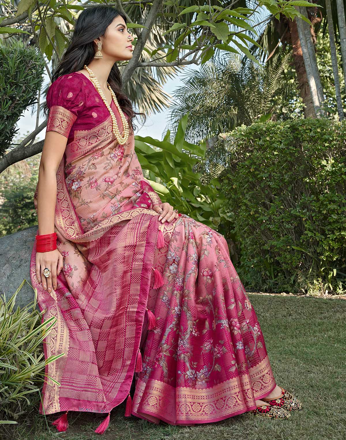 Light Pink all over Floral design Dola Silk Saree