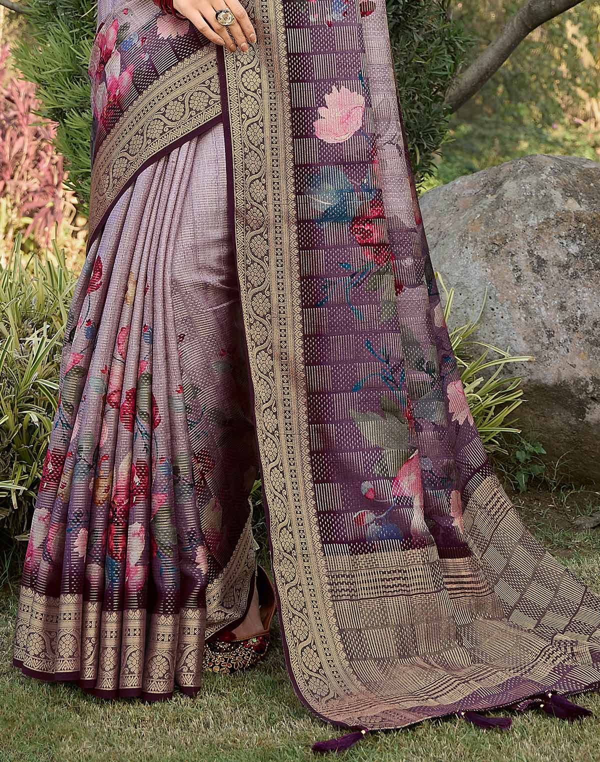 Light Purple Floral Motifs Dola Silk Classic Saree