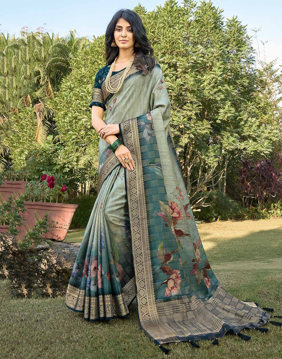 Soft Dola Silk Light Grey Saree with Floral Print