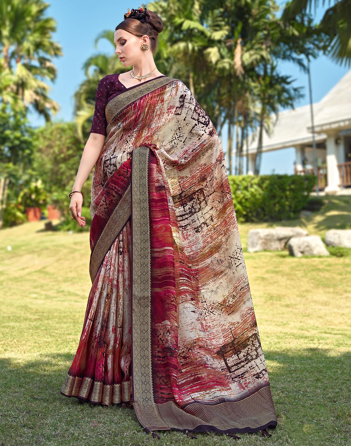 Maroon Graphic Print Dola Silk Saree