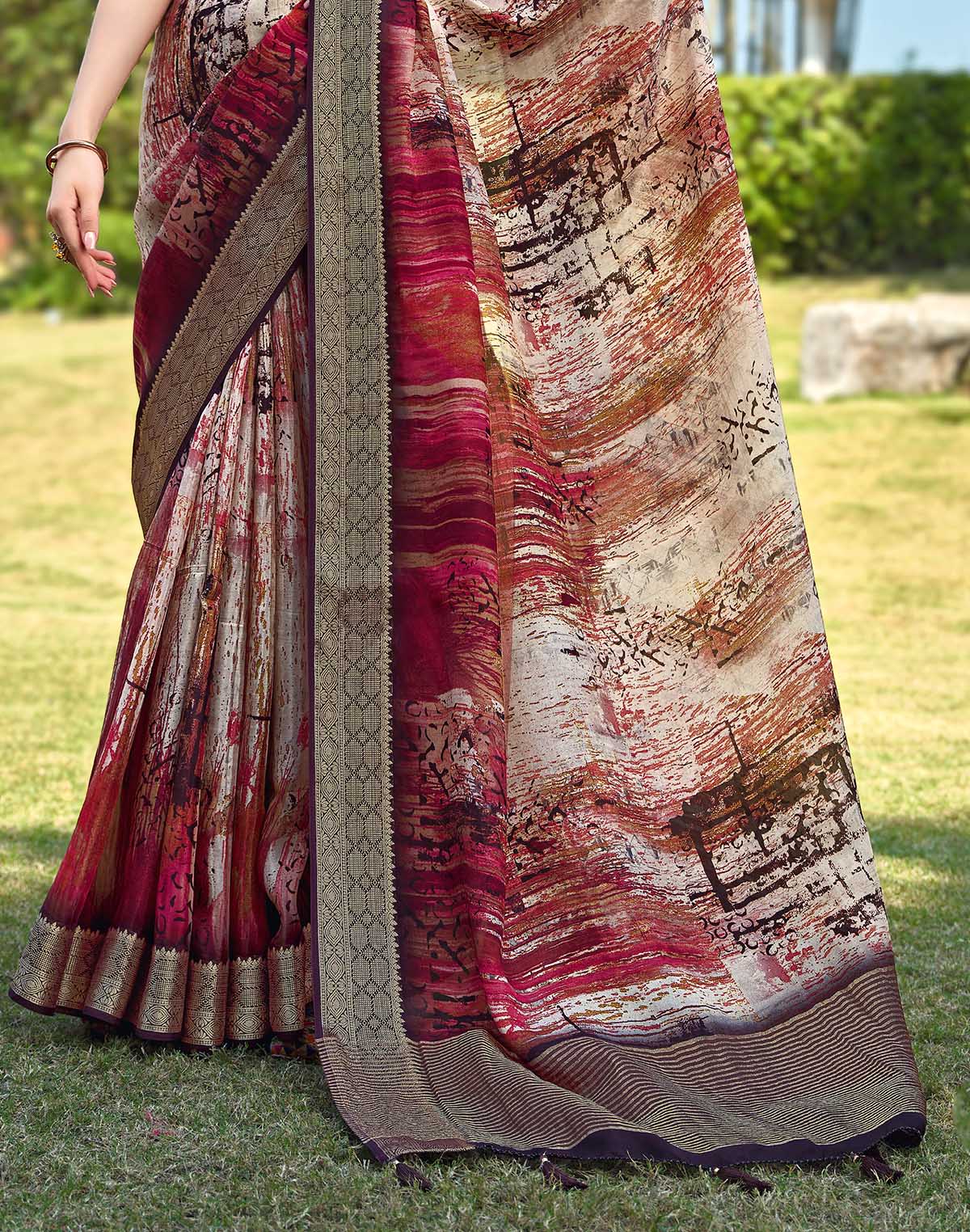 Maroon Graphic Print Dola Silk Saree