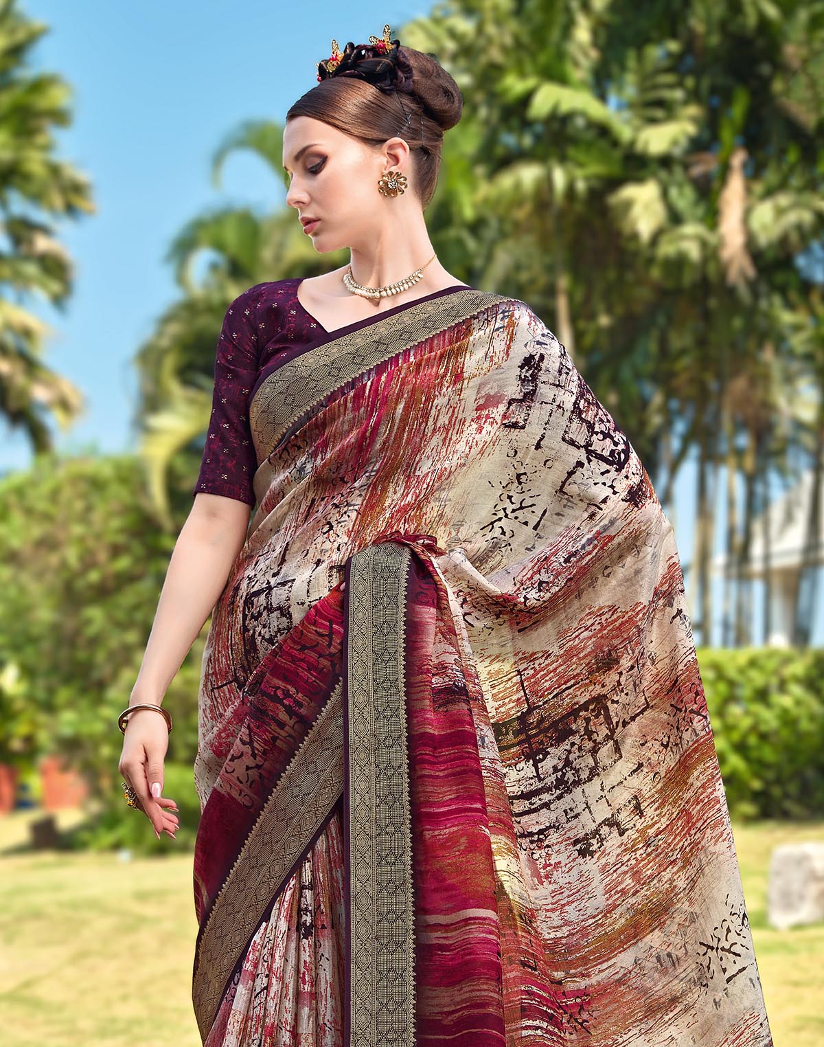 Maroon Graphic Print Dola Silk Saree