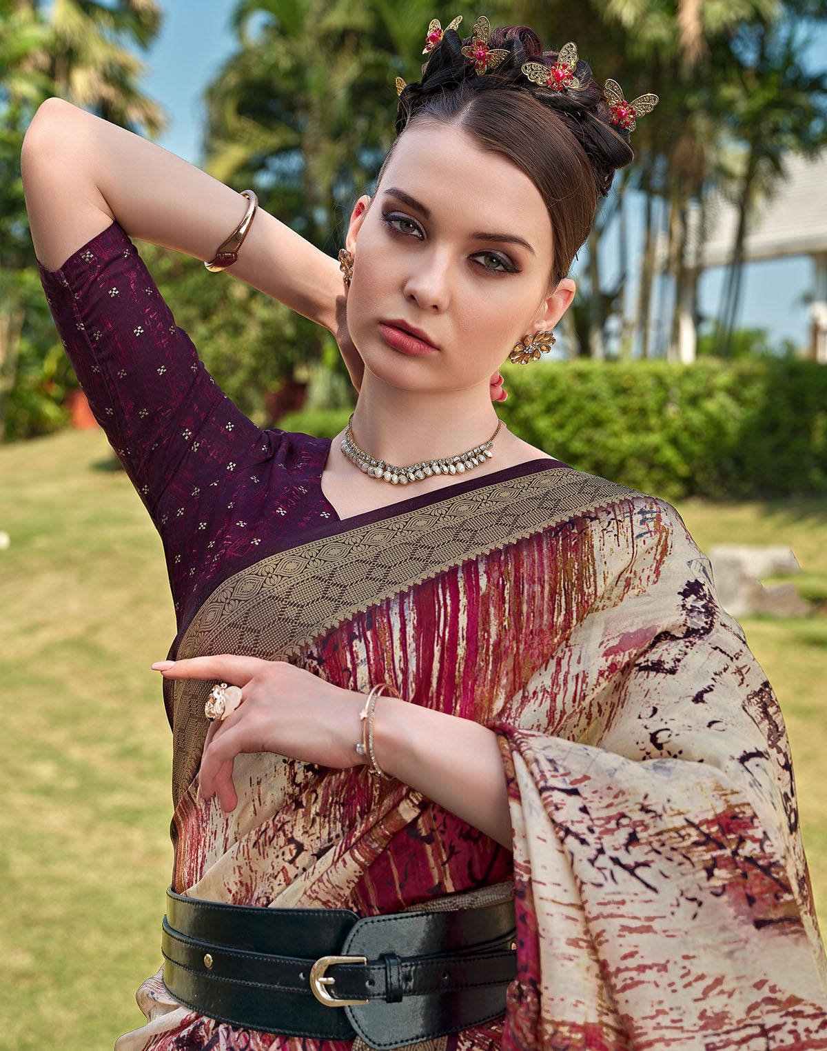 Maroon Graphic Print Dola Silk Saree