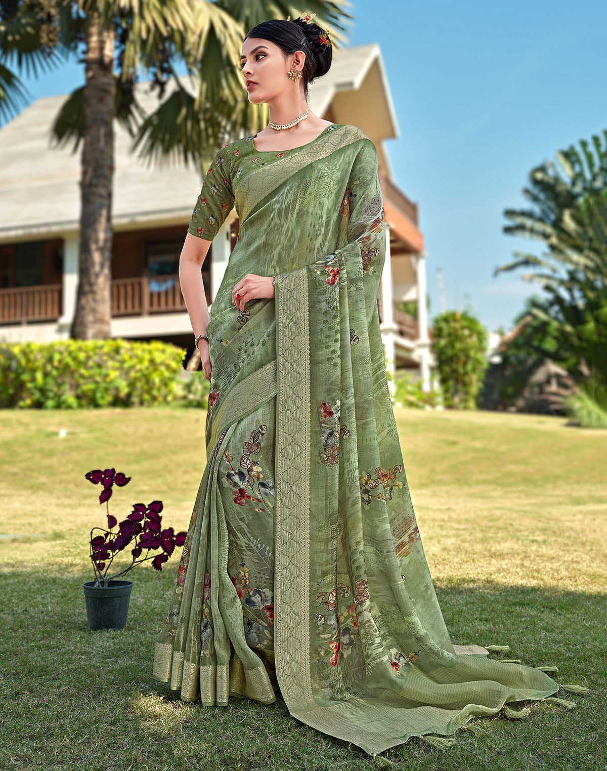 Olive Green Floral Motifs Dola Silk Saree