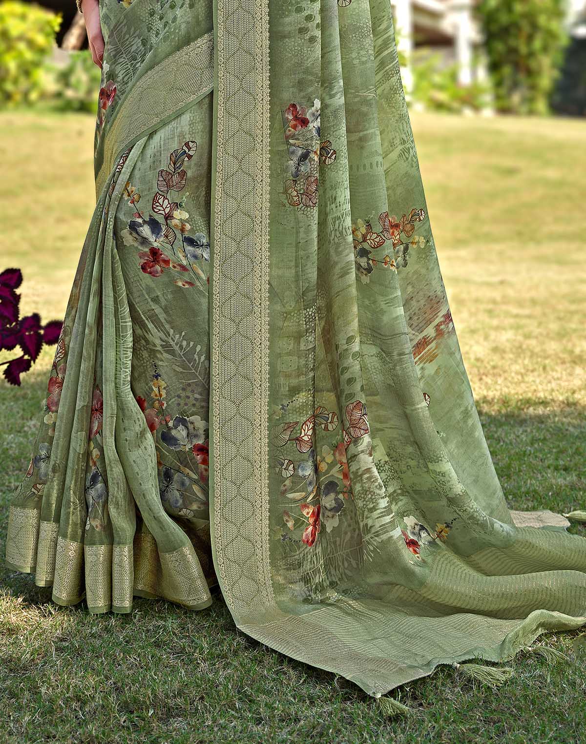 Olive Green Floral Motifs Dola Silk Saree