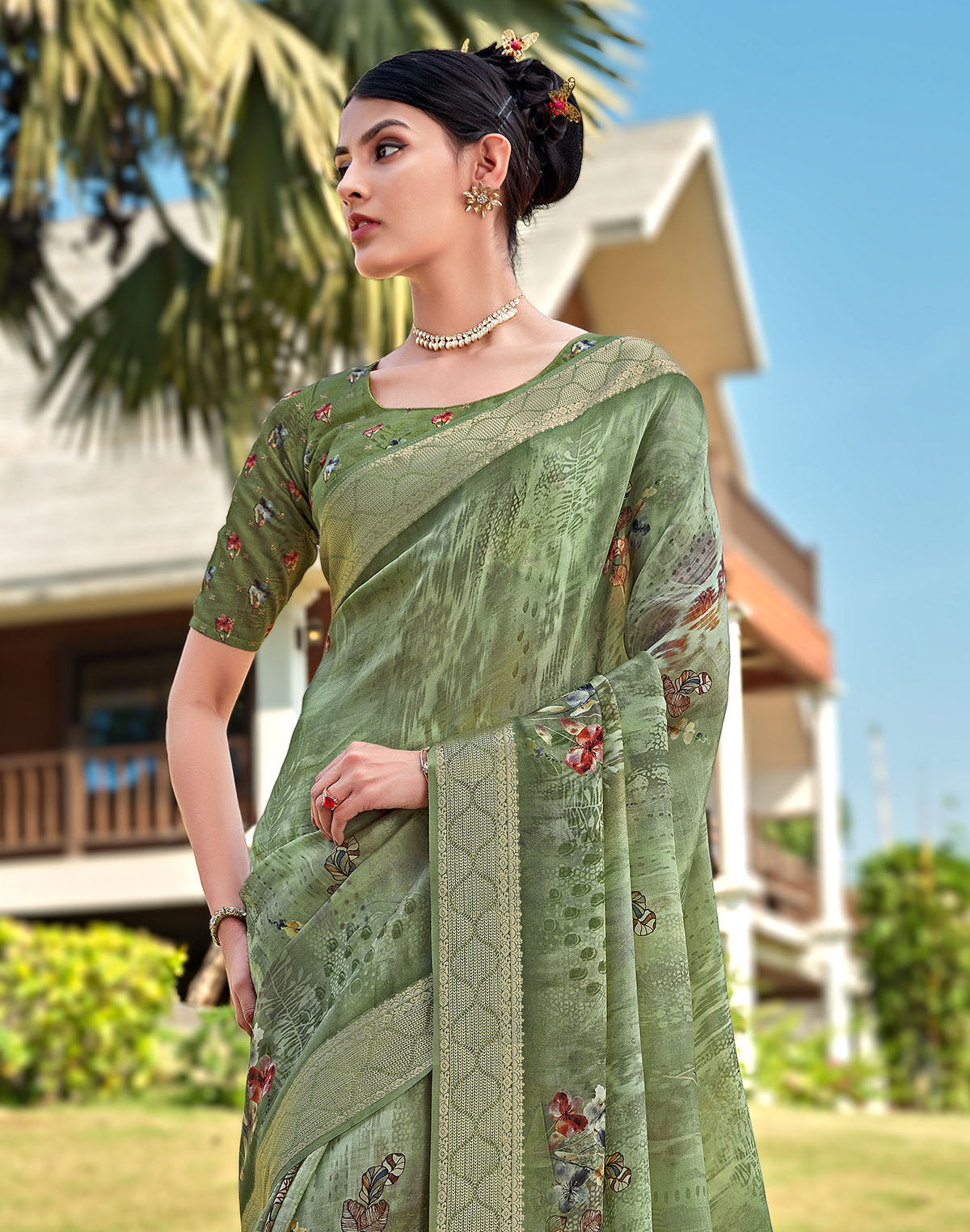 Olive Green Floral Motifs Dola Silk Saree