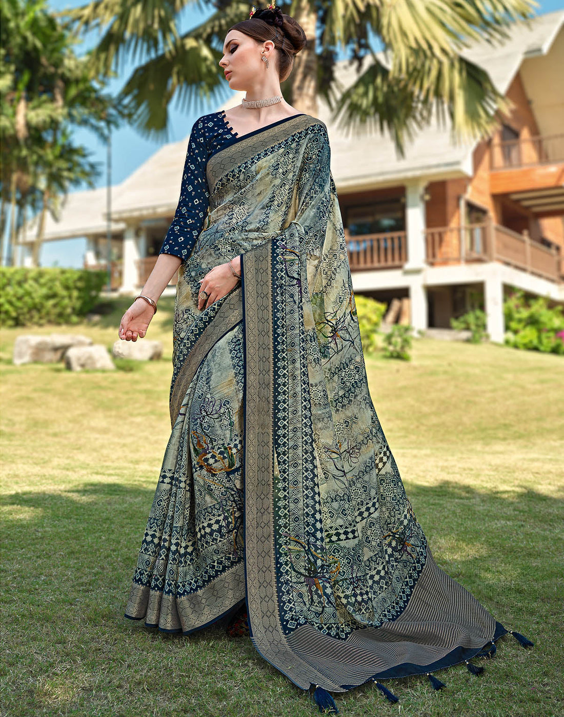 Light Grey Dola Silk Fabric Fancy Saree