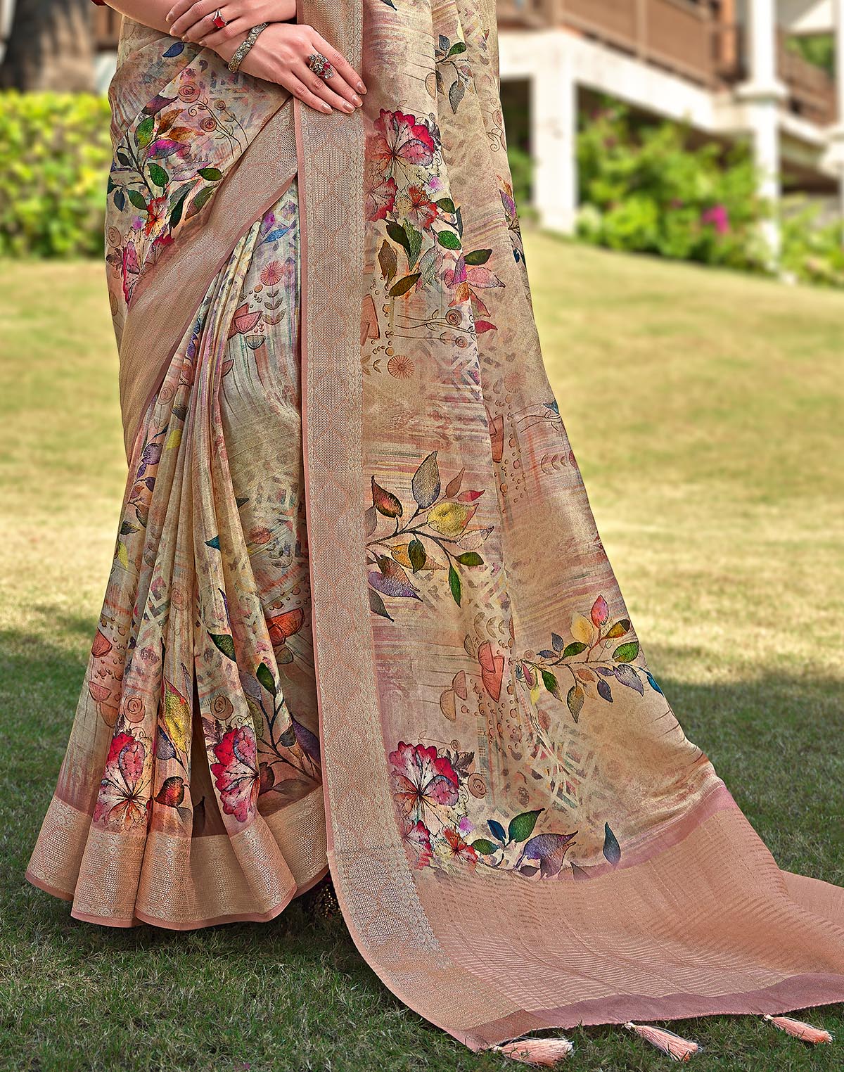 Attractive Light Orange Dola Silk Floral Design Saree