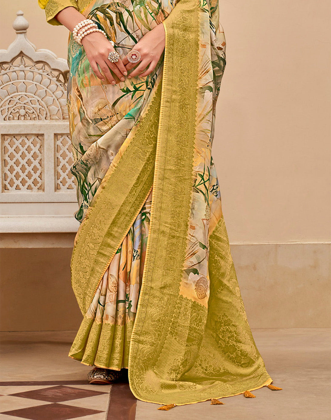 Mustard Art Silk Graphic Print Saree