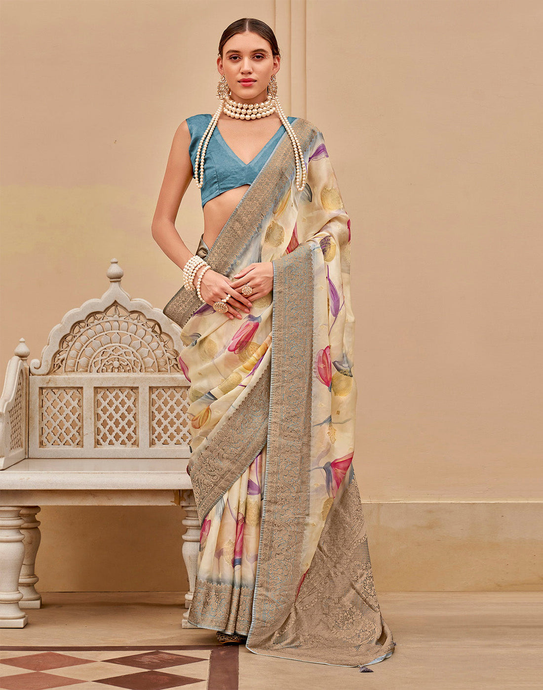 Cream Graphic Print Art Silk Saree with Copper Zari Border