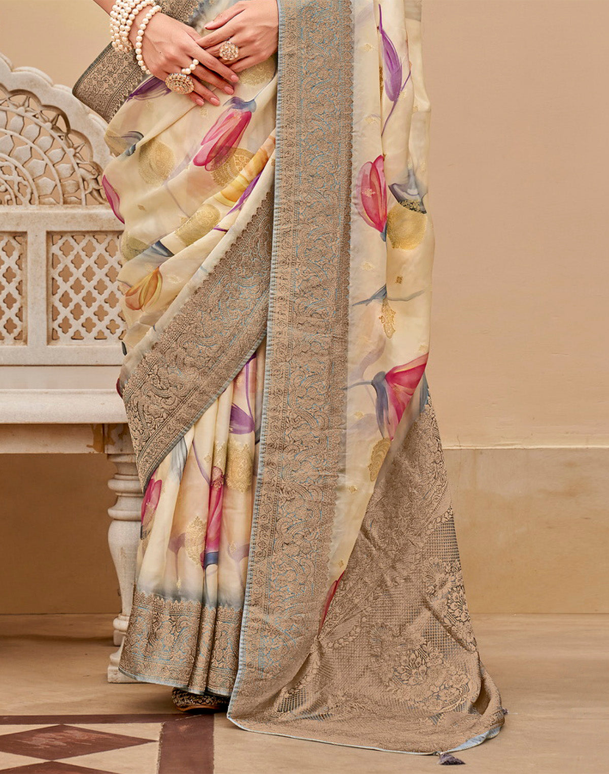 Cream Graphic Print Art Silk Saree with Copper Zari Border