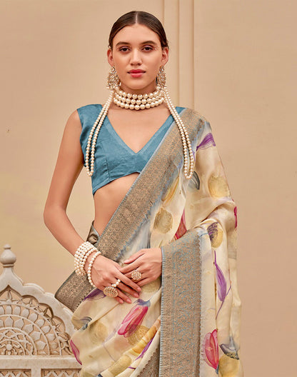 Cream Graphic Print Art Silk Saree with Copper Zari Border