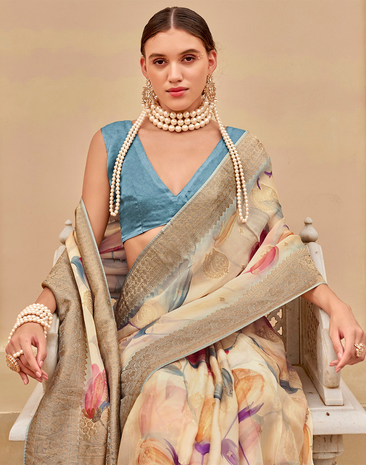 Cream Graphic Print Art Silk Saree with Copper Zari Border