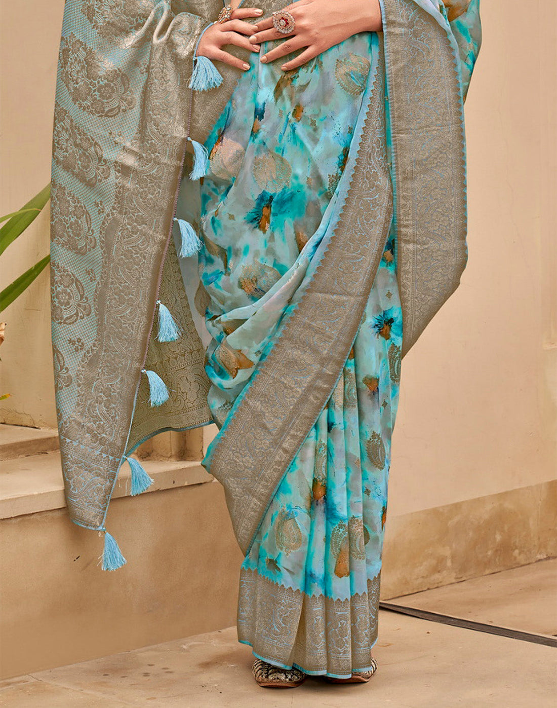 Sky Blue Floral Woven design Art Silk Saree