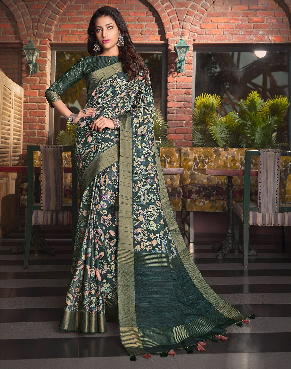 Dark Green Floral Print Tussar Silk Kaddi Border Saree