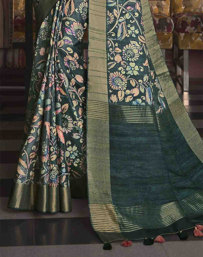 Dark Green Floral Print Tussar Silk Kaddi Border Saree