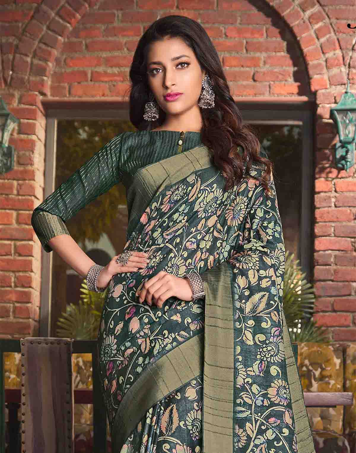 Dark Green Floral Print Tussar Silk Kaddi Border Saree