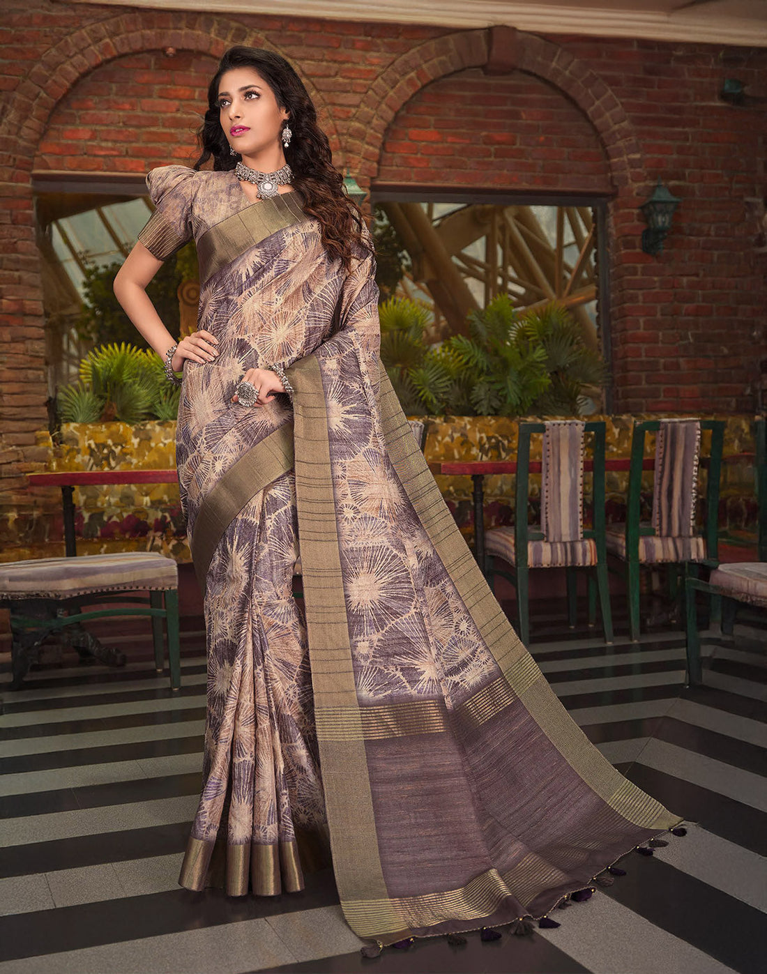 Brown Graphic Kaddi Border Tussar Silk Saree