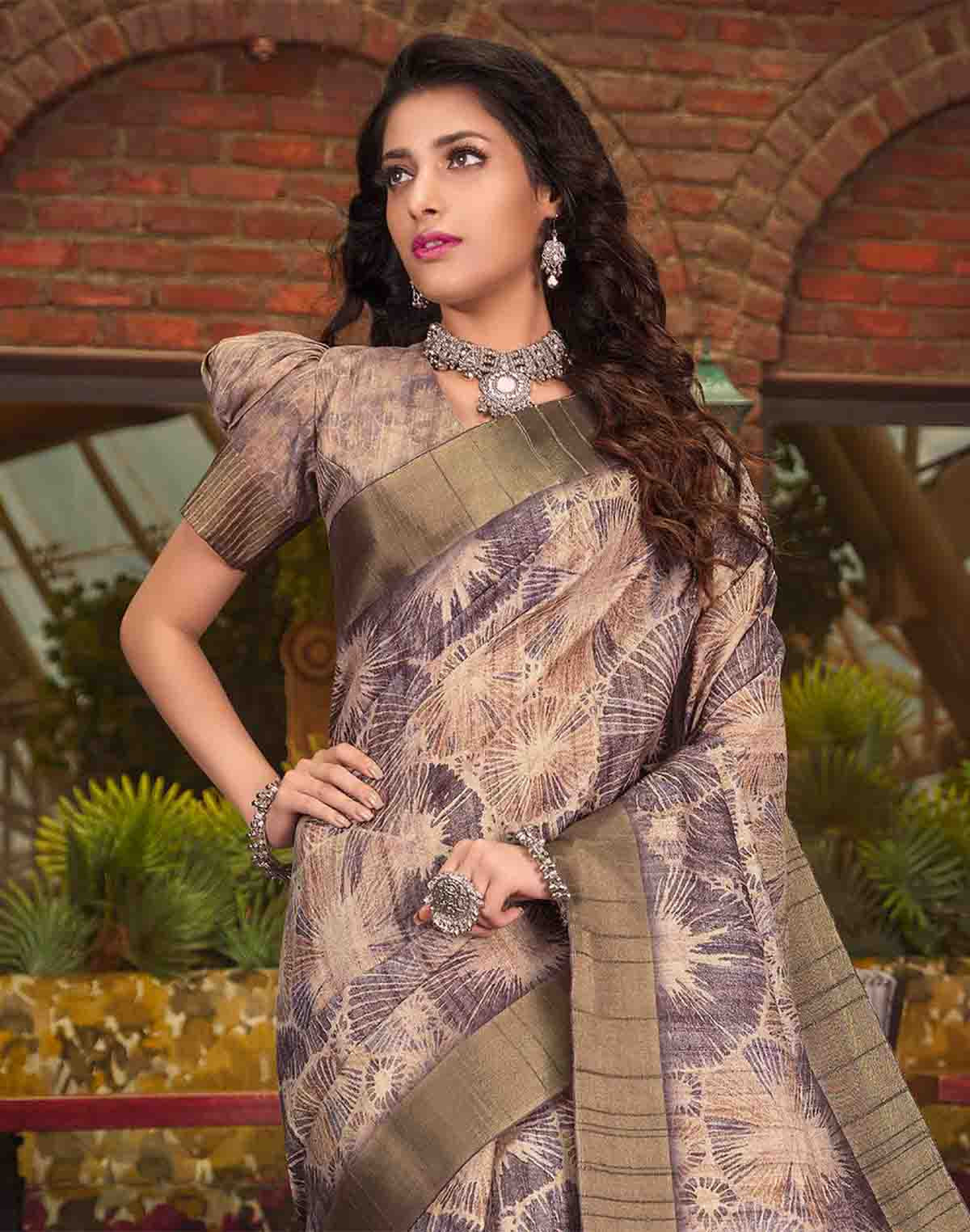 Brown Graphic Kaddi Border Tussar Silk Saree