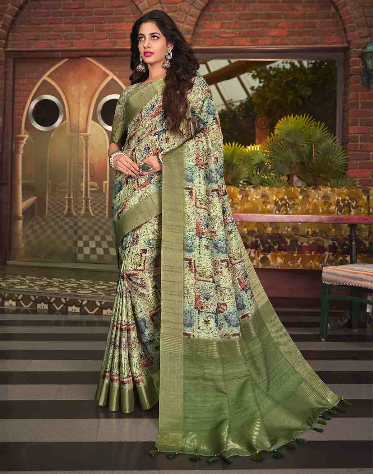 Olive Green Tussar Silk Graphic Pint Saree