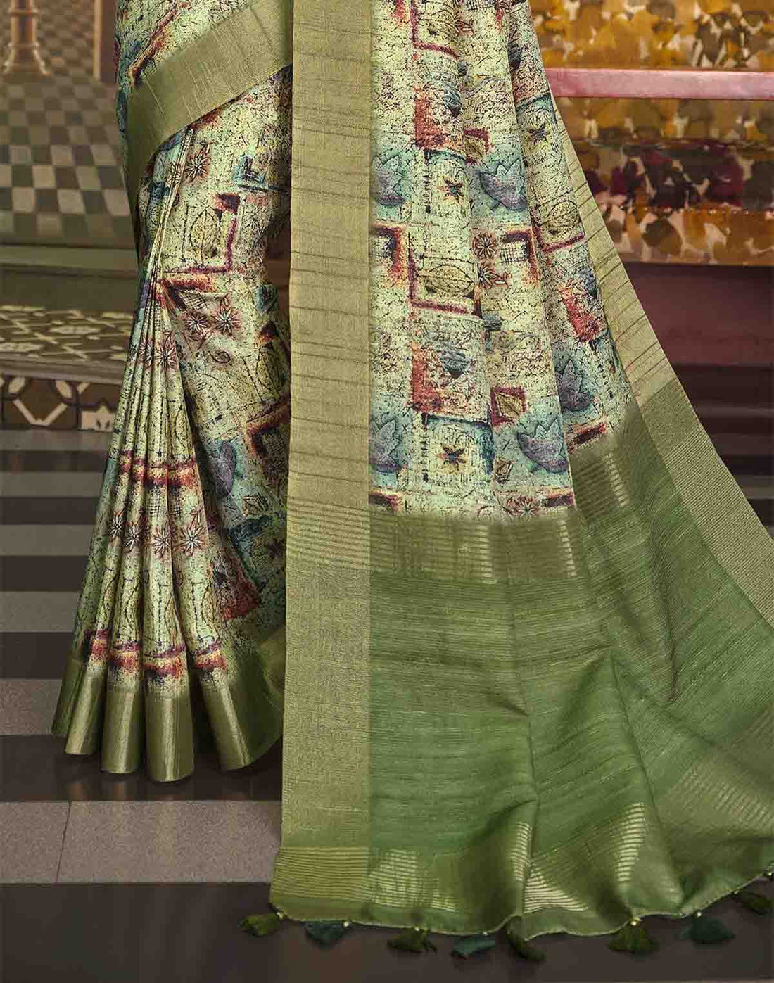 Olive Green Tussar Silk Graphic Pint Saree