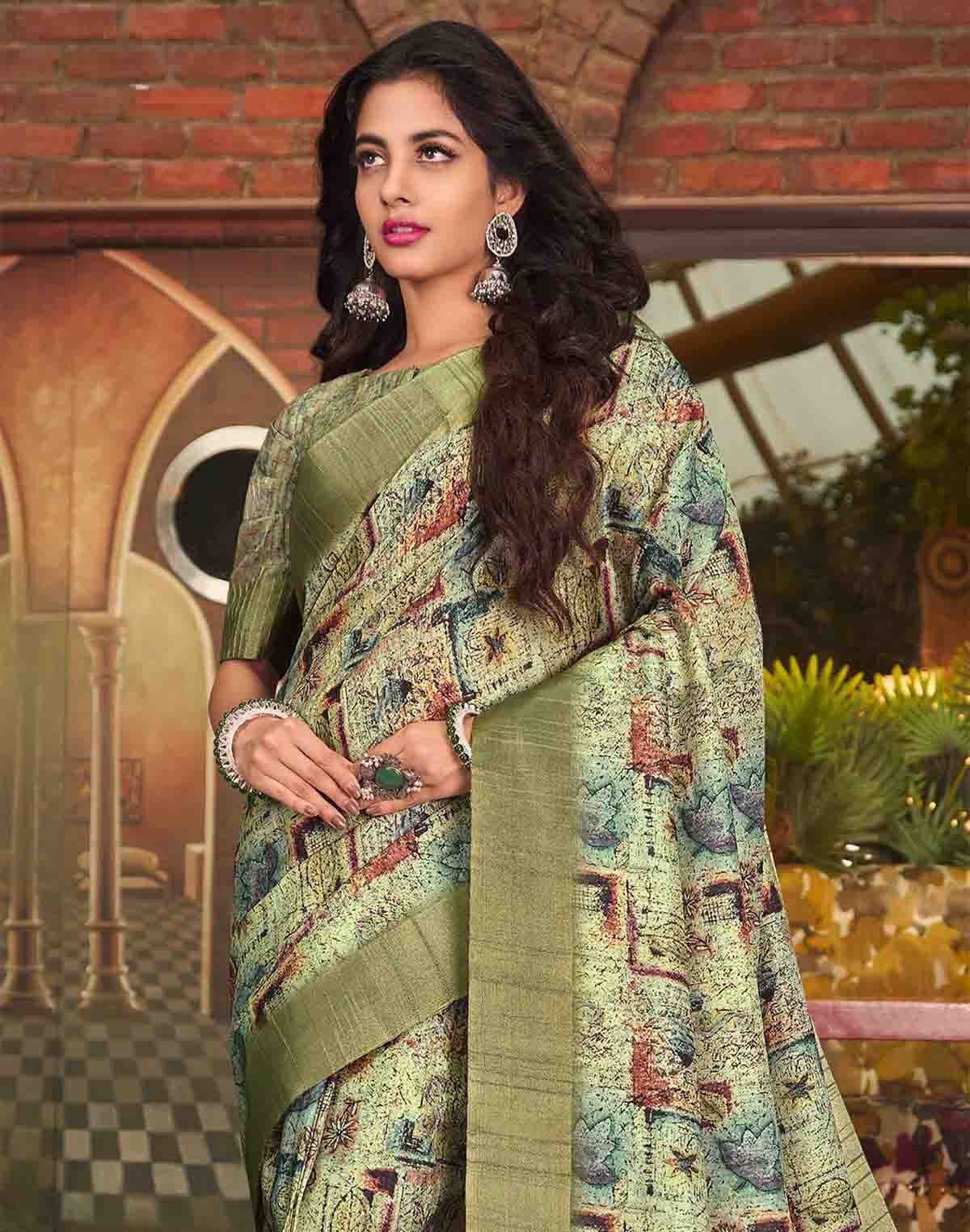 Olive Green Tussar Silk Graphic Pint Saree