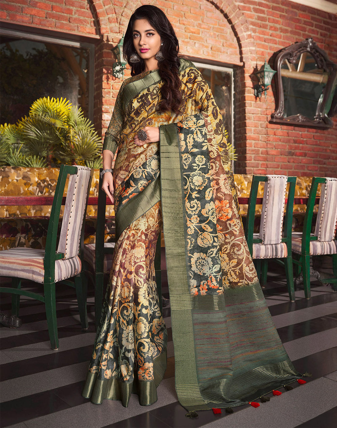 Multi Color Floral Print Tussar Silk Designer Saree