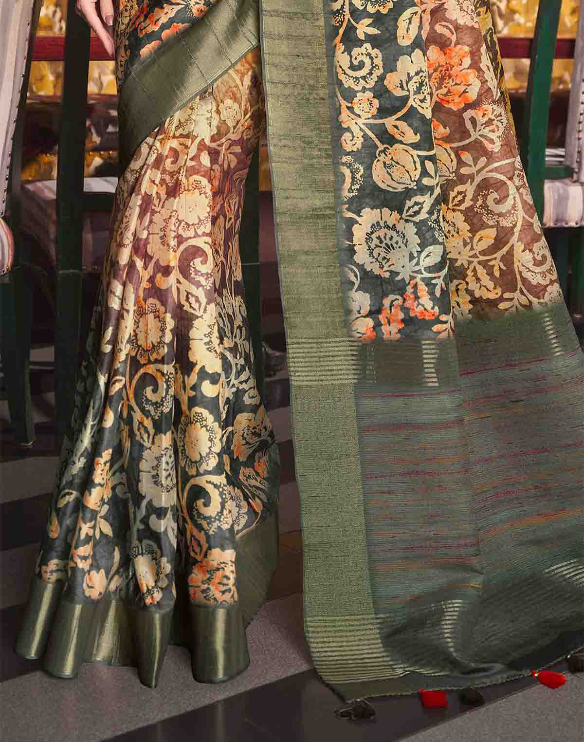 Multi Color Floral Print Tussar Silk Designer Saree