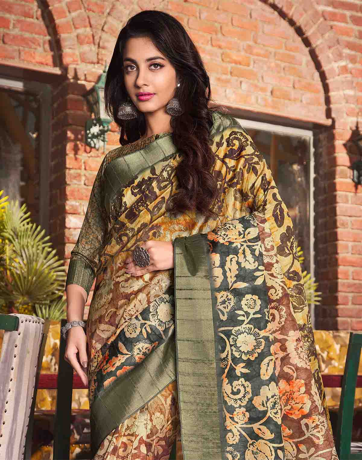 Multi Color Floral Print Tussar Silk Designer Saree