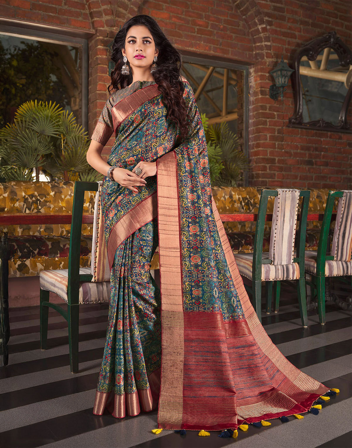 Rama Blue Digital Printed Tussar Silk Saree