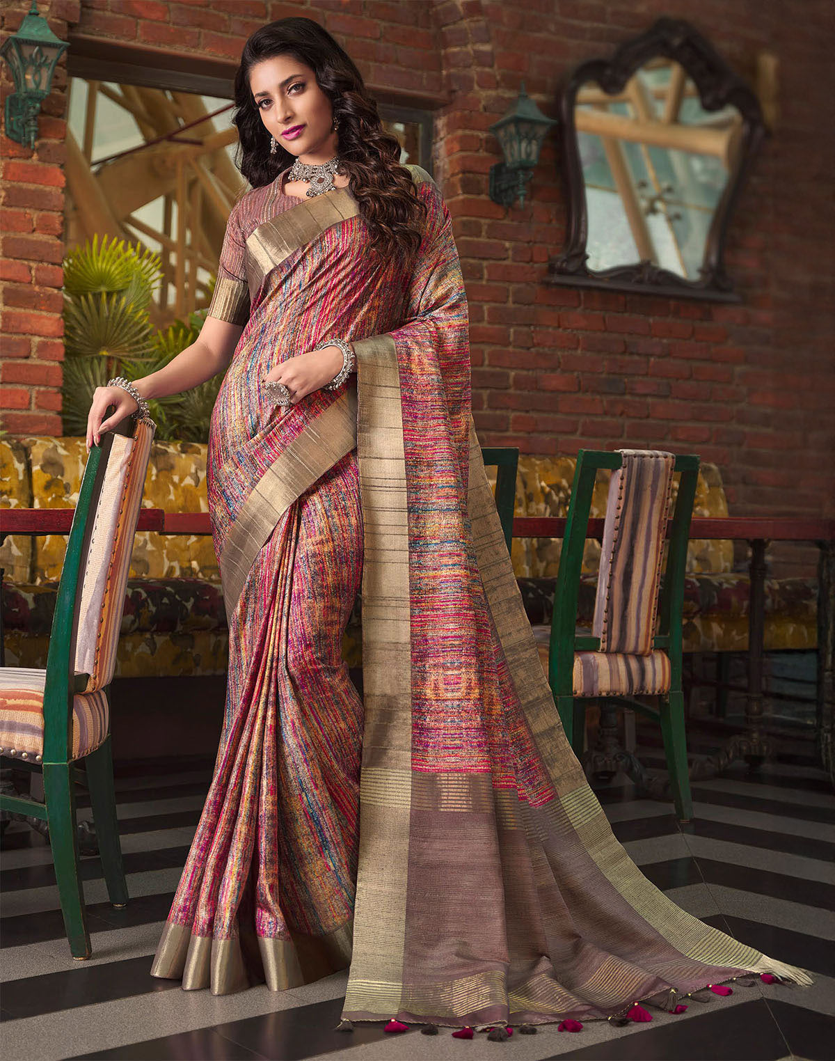 Graphic Printed Tussar Silk Saree in Multi Color