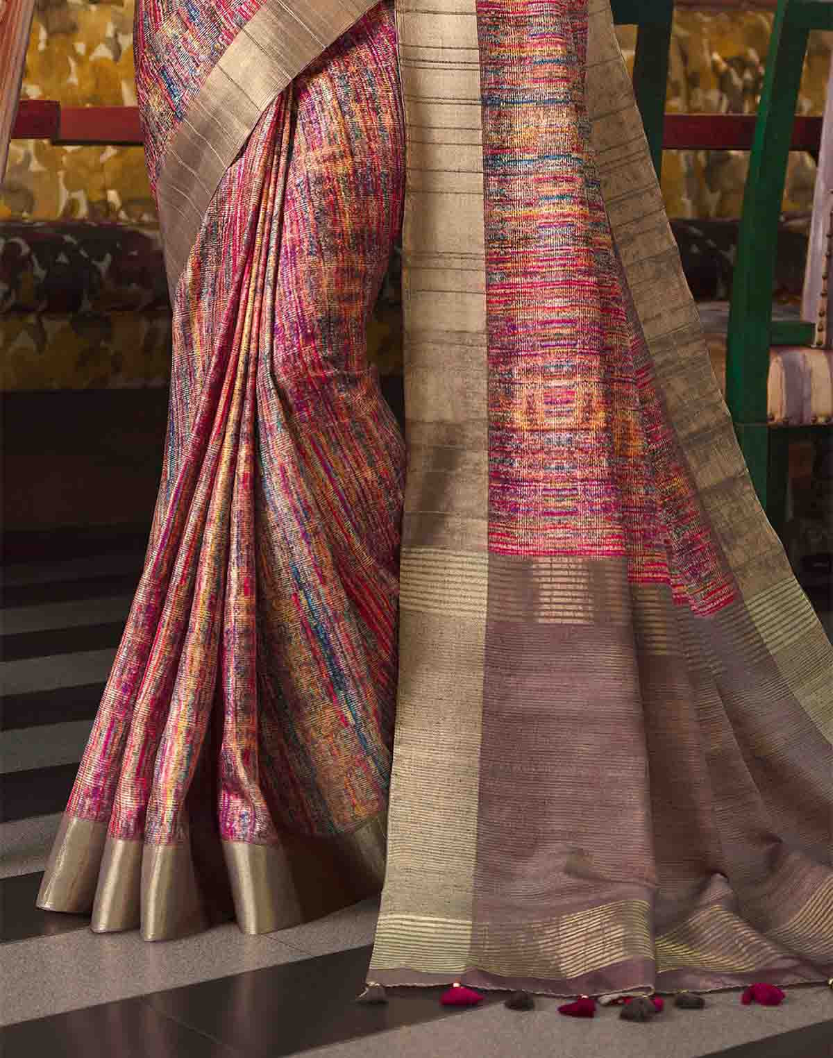 Graphic Printed Tussar Silk Saree in Multi Color