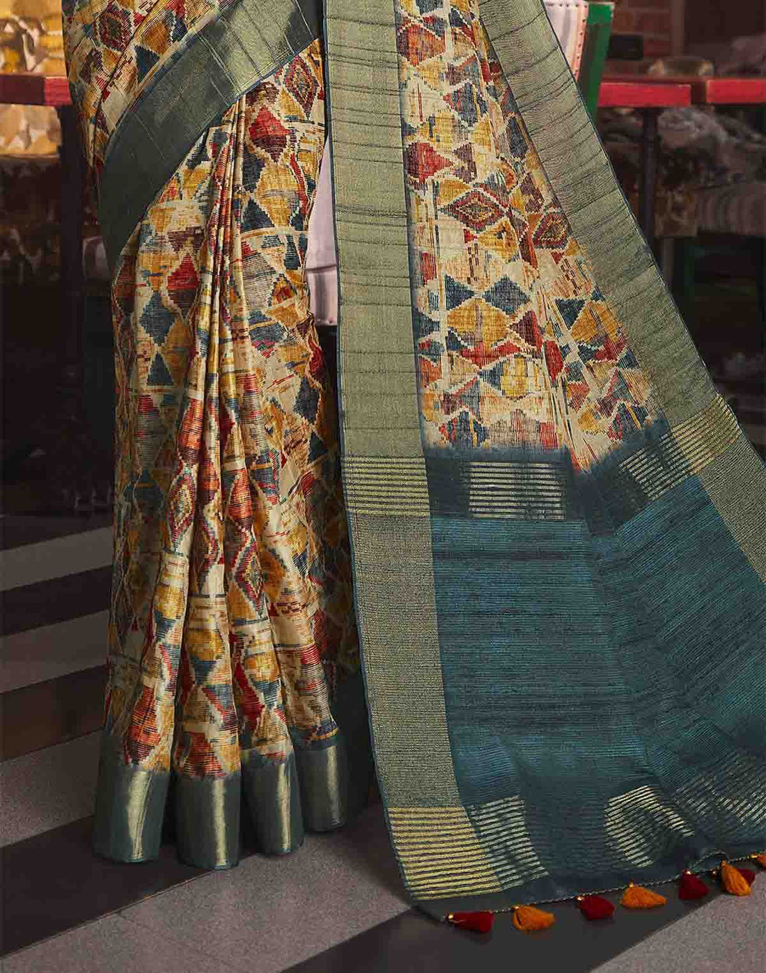 Multi Color Tussar Silk Graphic Print Festive Saree