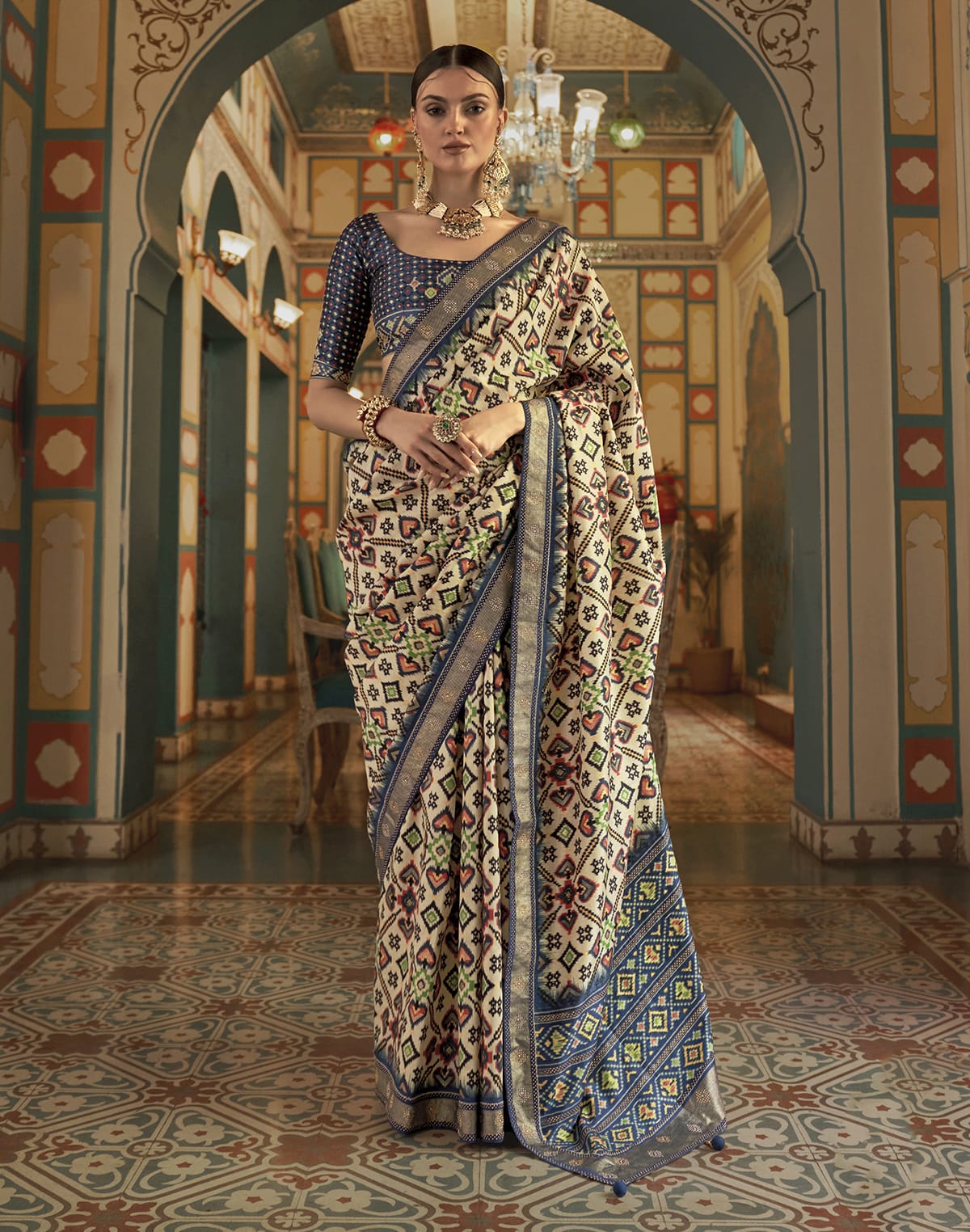 Admiral Cream Ikat Print Patola Saree