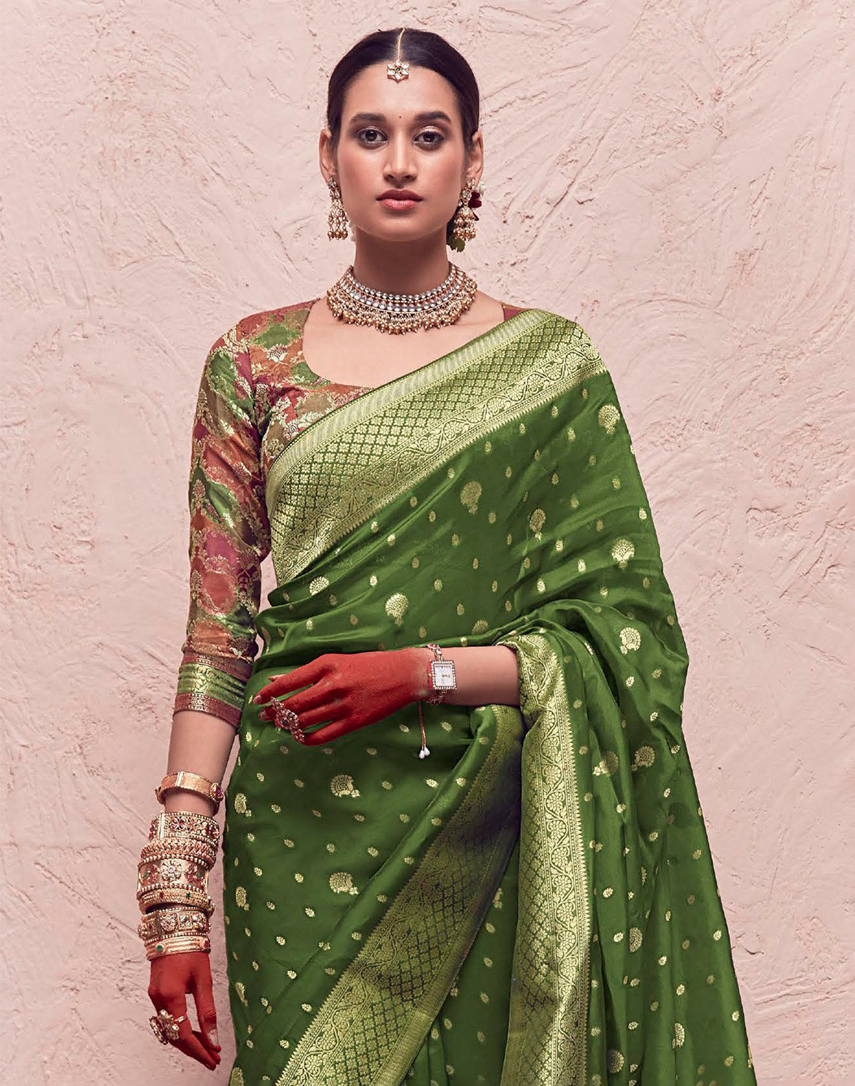 Olive Green Banarasi Crepe Dola Silk Saree