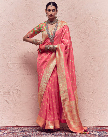 Peach Banarasi Crepe Dola Silk Saree With Designer Blouse