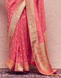 Peach Banarasi Crepe Dola Silk Saree With Designer Blouse