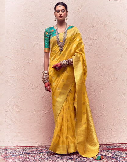 Yellow Floral Banarasi Crepe Dola Silk Saree With Designer Contrast Blouse