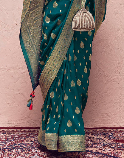 Peacock Blue Banarasi Crepe Dola Silk Saree With Designer Blouse