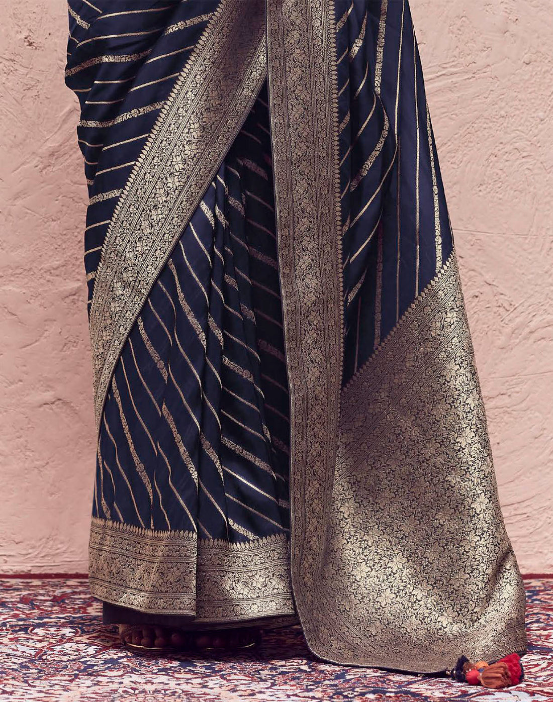 Dark Navy Blue Banarasi Crepe Silk Saree With Designer Blouse