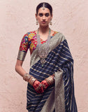 Dark Navy Blue Banarasi Crepe Silk Saree With Designer Blouse