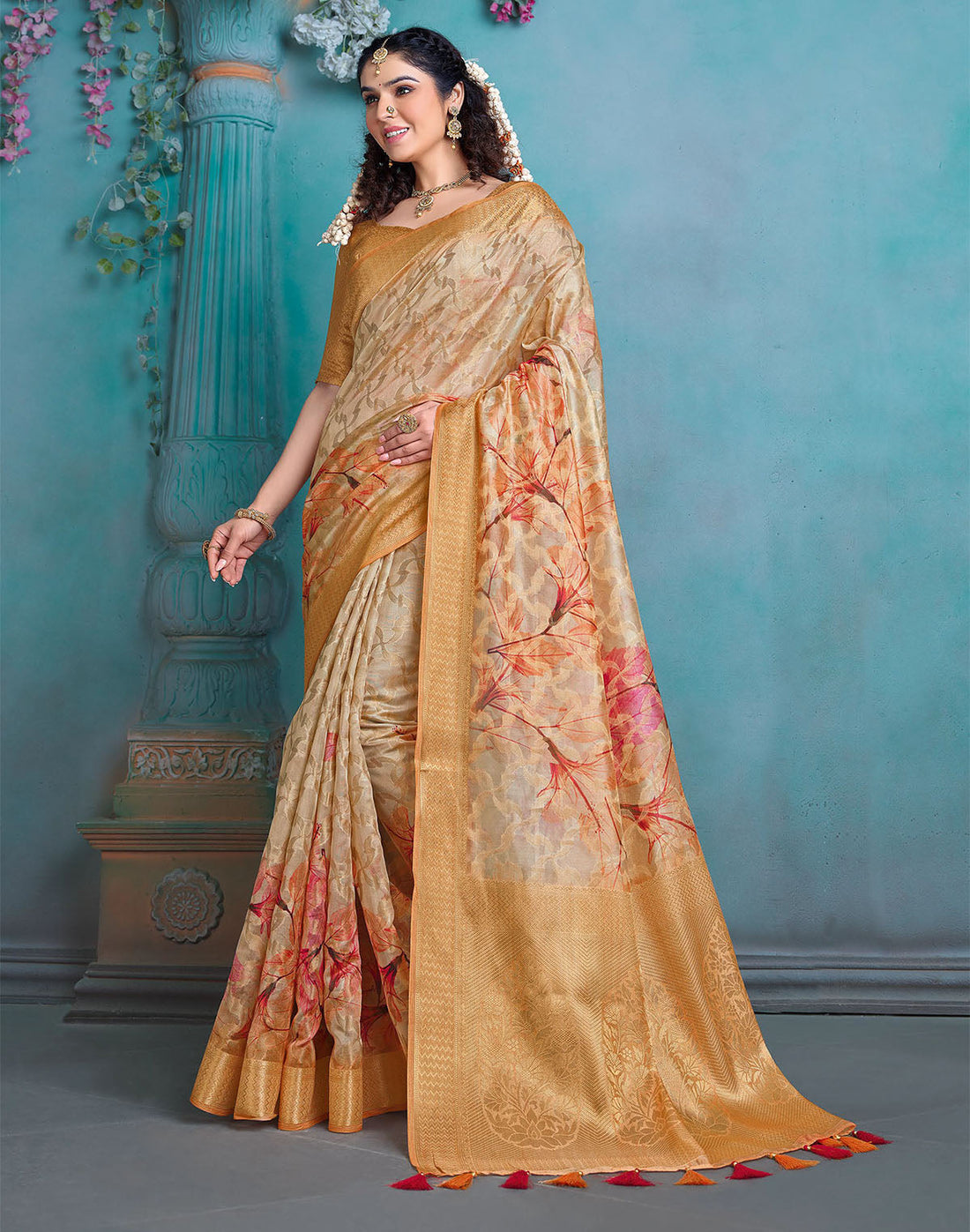 Light Beige Coloured Tissue Fancy Saree