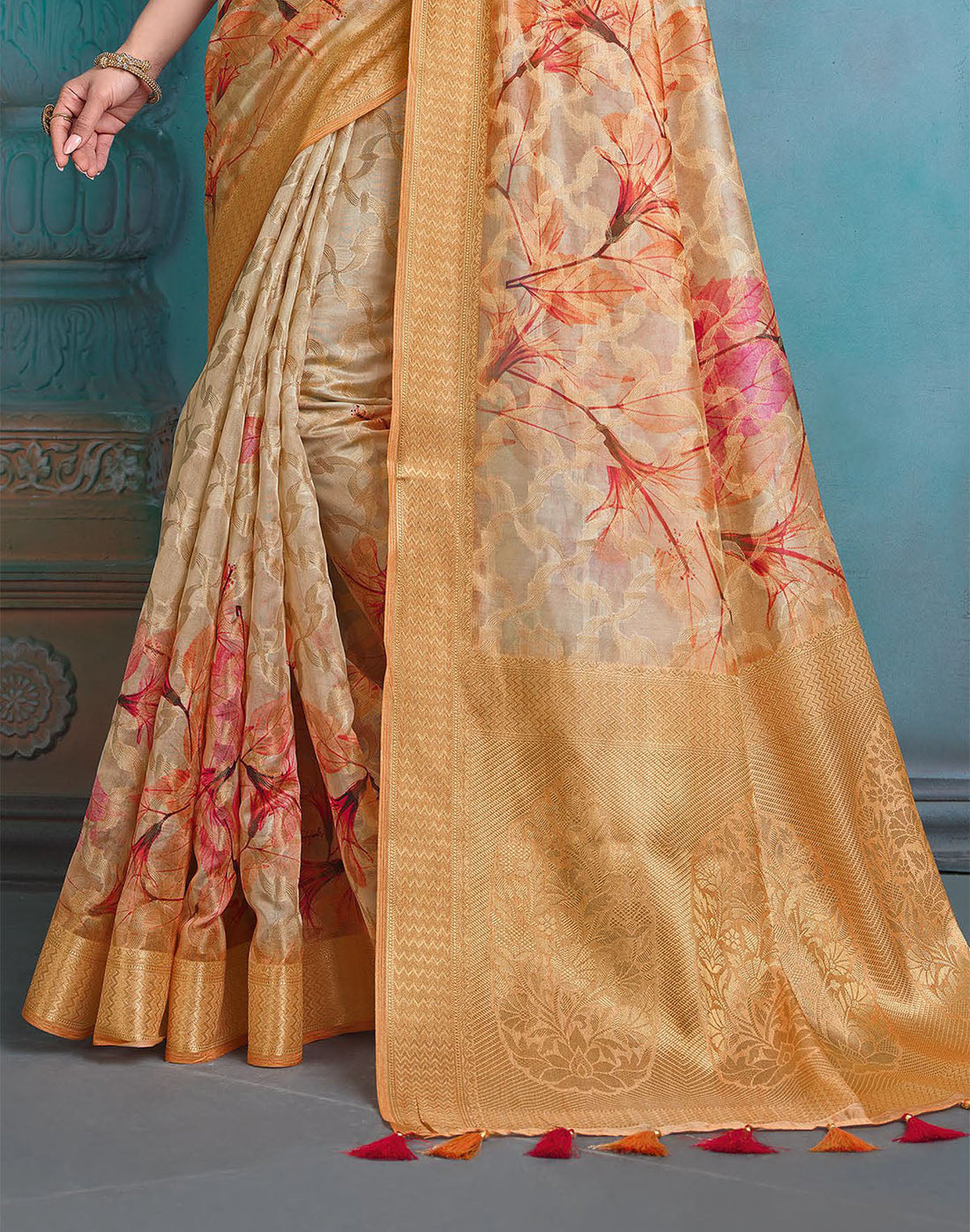 Light Beige Coloured Tissue Fancy Saree