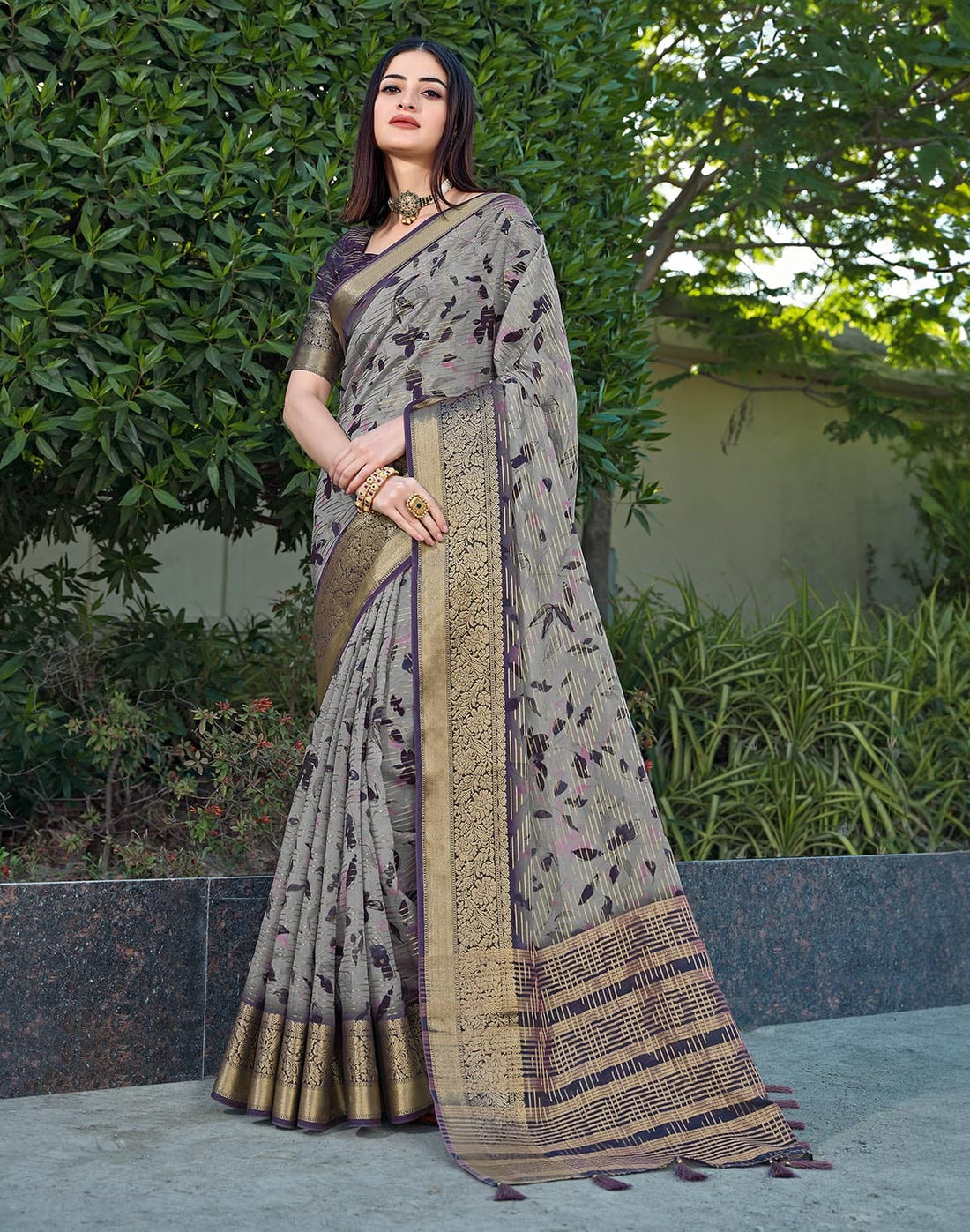 Light Grey Ethnic Motifs Dola Silk Saree