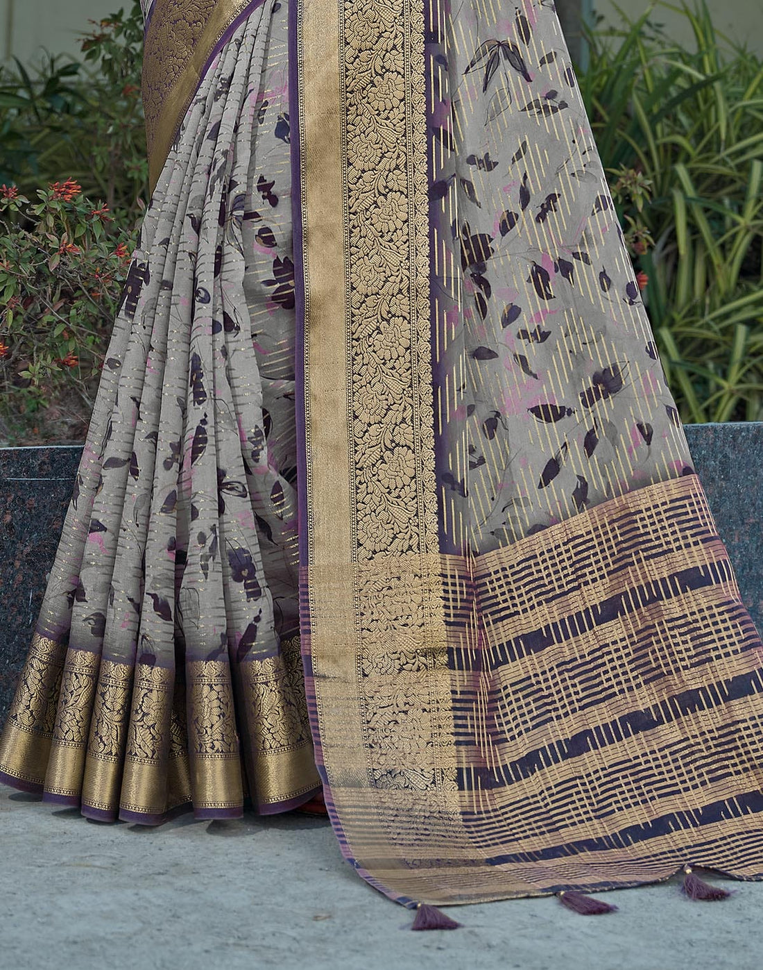 Light Grey Ethnic Motifs Dola Silk Saree